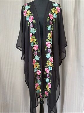 Betsey Johnson Black Sheer Floral Embroidered Duster